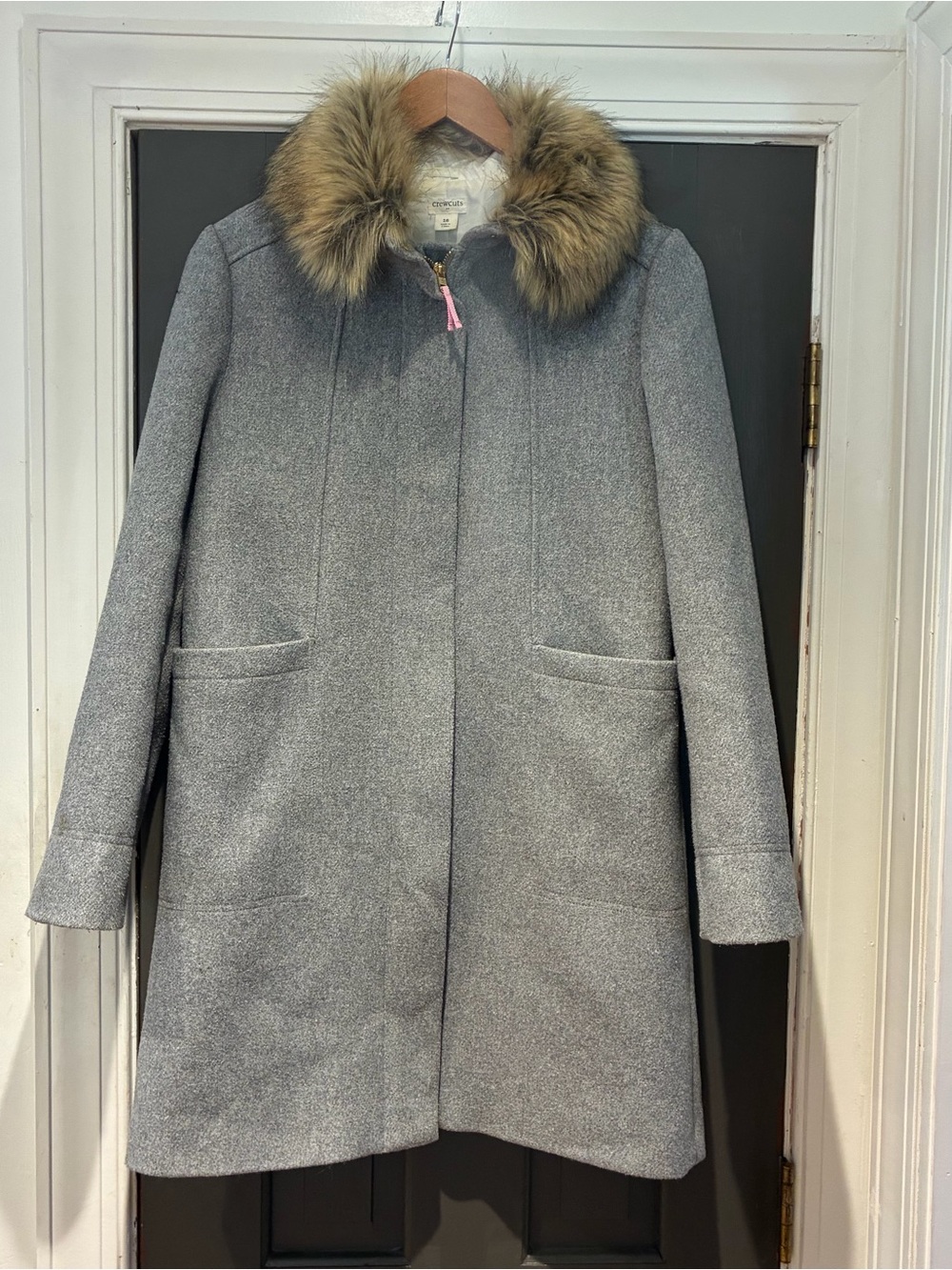 Crewcuts Light Gray Wool Pea Coat with Faux Fur Trim